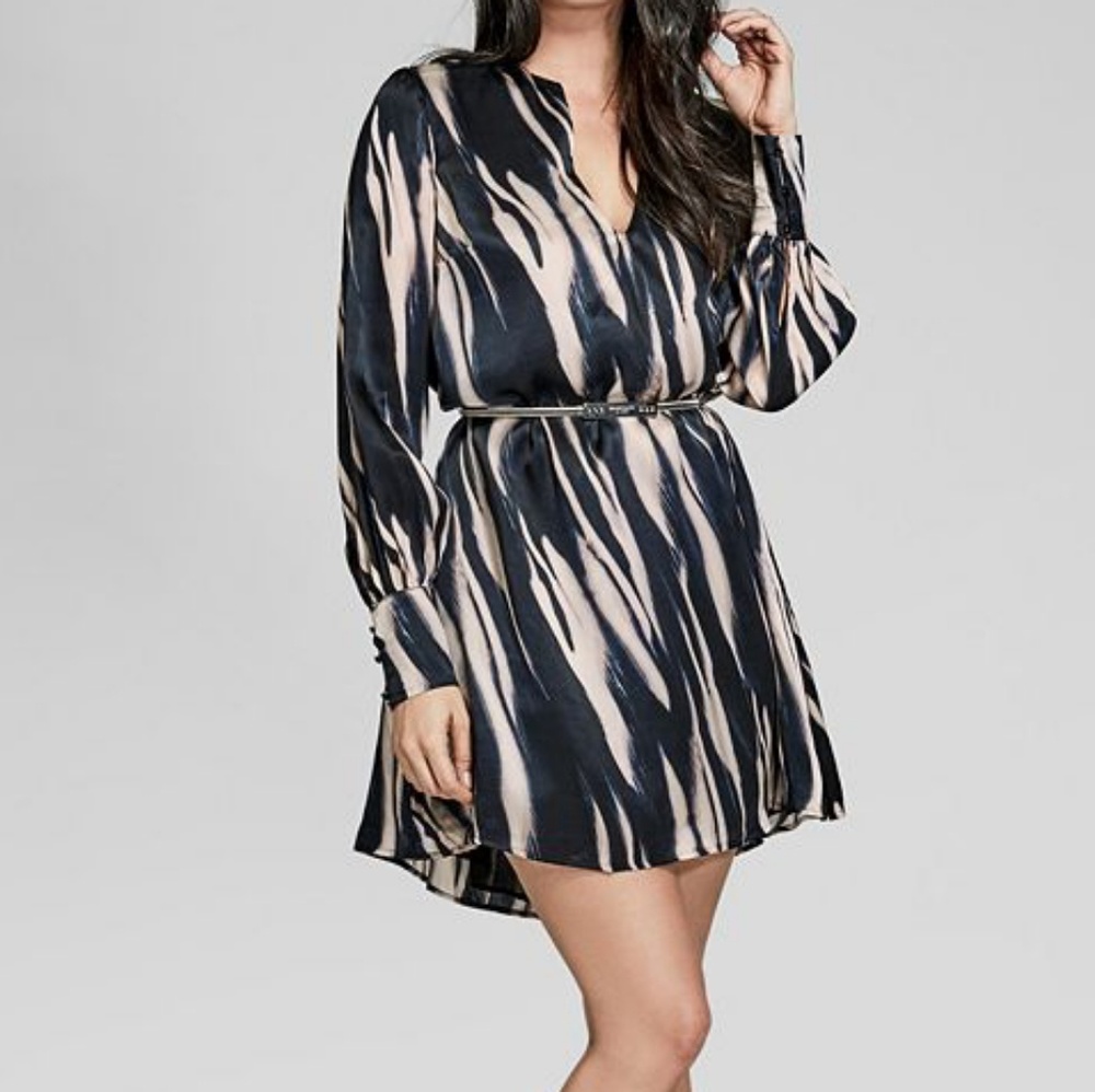 Marciano belted long-sleeved silk dress